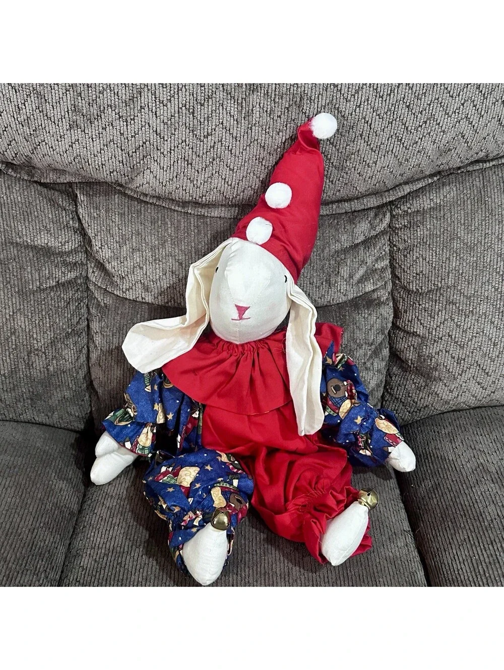 Vintage Floppy Ear Bunny Rabbit Stuffed Doll Christmas Fabric 14” ~ Handmade